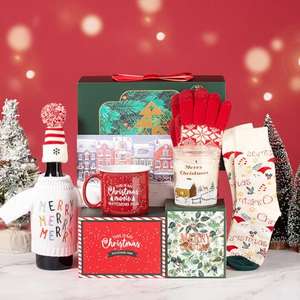 Set regalo Navidad: Vela perfumada, Calcetines, Guantes, Set jersey con Botella vino, Taza Roja y Tarjeta