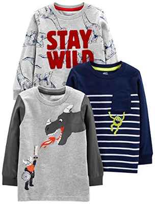Simple Joys by Carter's Camisetas de Manga Larga con Estampado Niño, Pack de 3, Dinosaurio/Monstruo/Dragón, 2 años