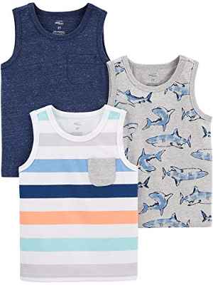 Simple Joys by Carter's Camisetas de Tirantes Niño, Pack de 3, Tiburón/Rayas, 4 años