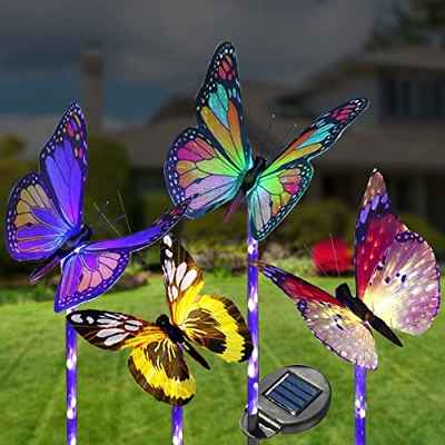 Solarbaby Luces solares para jardín con adornos de mariposa de fibra óptica que cambian de color y estaca LED impermeable para decoración de patio y jardín (juego de 4)