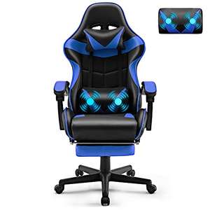 Soontrans Silla Gaming con Masajeador, Silla Gamer con Reposapiés Reposacabeza, Ergonómica, Cojín Lumbar de Masaje