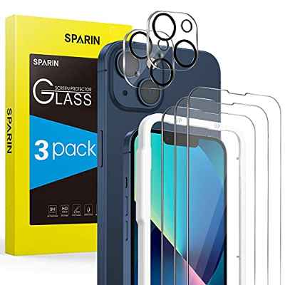 SPARIN 5 Pack Protector de Pantalla Compatible con iPhone 13, 6,1 Pulgadas, 3 Cristal Templado con 2 Protector de Lente de Cámara, Marco de Instalación Fácil