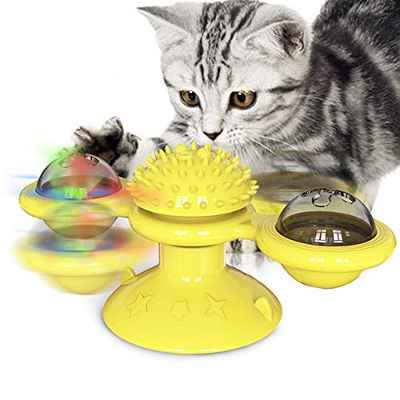 SZWL Juguete Gato Interactivo, Windmill Cat Toy, Juguete Giratorio para Mascotas, Babioms Juguete Mordedor Gato, Juguete Interactivo para burlas de Tocadiscos Cat Cosquillas para Gatos (Amarillo)