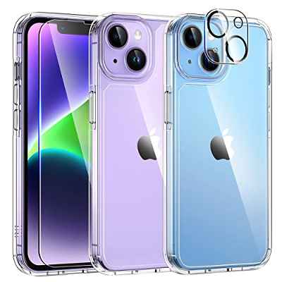 TAURI [5 in 1 Funda Compatible iPhone 14 Plus,[ Anti-Choque Delgada][Protección Militar ] Carcasa Protectora anticaída，con 2 Protector Pantalla + 2 Protector de Lente de Cámara-Transparente