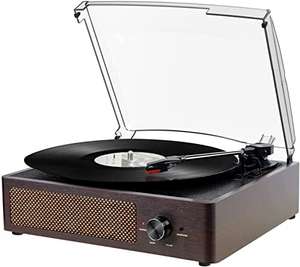 Tocadiscos Vinilo Vintage con Bluetooth, Altavoces Incorporado, 3 Velocidades 33/45/78 RPM, Salida RCA/Aux in-Marrón
