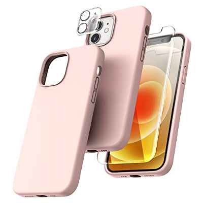 TOCOL 5 in 1 para Funda iPhone 12 (6.1"), con 2 Piezas Cristal Templado y 2 Piezas Cámara Protector, Silicona Líquida Ultrafina, [Antideslizante] [Antichoque] Carcasa iPhone 12, Rosa