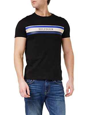 Tommy Hilfiger Camiseta de Rayas Hilfiger Chest S/S, Black, M para Hombre