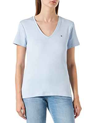 Tommy Hilfiger Camiseta para Mujer Slim Solid V-Nk Top Ss con Cuello de Pico, Azul (Breezy Azule), M
