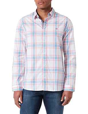 Tommy Jeans Camiseta de Cuadros de Popelina Esencial TJM Camisa, White/Multi Check, L para Hombre