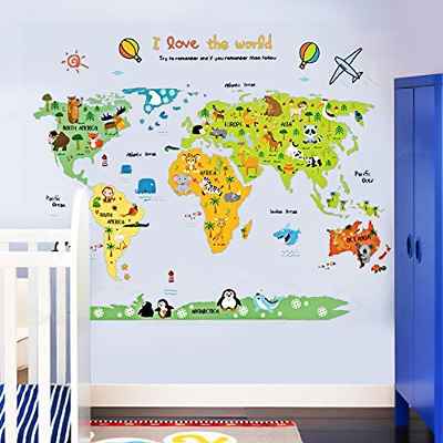 ufengke Mapa del Mundo de La Historieta Animal Lindo Pegatinas de Pared, Vivero Habitación de Los Niños Removible Etiquetas de La Pared/Murales