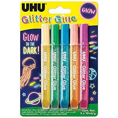 UHU Glitter Glue Glow in the Dark-Pegamento decorativo con purpurina brillante para crear miles de decoraciones- Pack 5x10 ml.