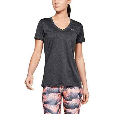 Under Armour Tech Short Sleeve V-Solid Camiseta, Mujer, Gris (Carbon Heather/Metallic Silver), S
