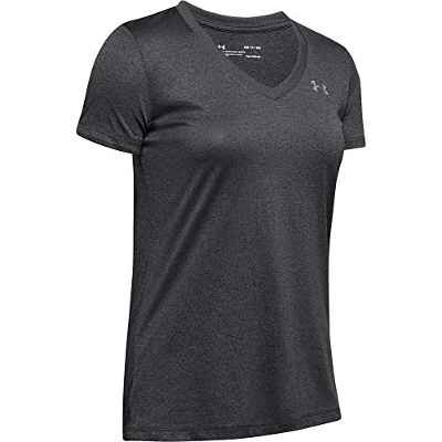 Under Armour Tech Short Sleeve V-Solid Camiseta, Mujer, Gris (Carbon Heather/Metallic Silver), XL