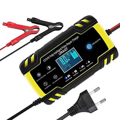 URAQT Cargador Baterias Coche, Mantenimiento Automático Inteligente 12V con Múltiples Protecciones para Coche Moto ATV RV Barco (Amarillo 8A 12V/ 24V)