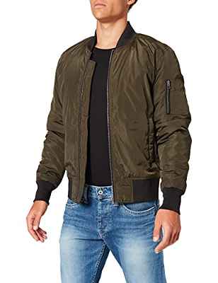 Urban Classics Cazadora de Hombre Chaqueta Bomber de Estilo Urbano, en Verde Oliva con Cuello, Cintura y Puños Negros a Contraste, Cierre con Cremallera, darkolive/Black, XL