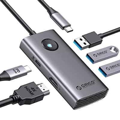 USB C Hub, Docking Station USB C ORICO 5 en 1 con HDMI 4K, Entrega de energía de 60W, USB 3.0 5 GBPS y 2 Puertos de Datos USB 2.0 USB C Dock para MacBook Air, MacBook Pro, XPS y más (Gris)