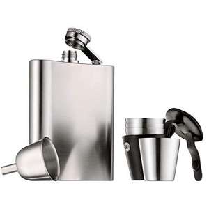 WMF - Manhattan Juego Petaca, 4 Vasos Chupitos, Embudo, Estuche Cuero, Acero Inoxidable 18/10, Mate, Regalo