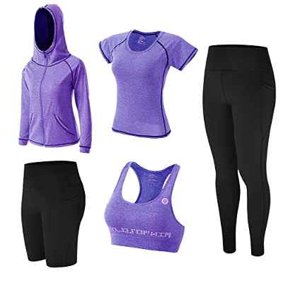 ZETIY Conjuntos de Chándal Mujer 5 Piezas Traje de Yoga Completo Conjuntos Deportivos para Fitness Running Jogging, Ejercicio en el Gimnasio - Violeta - M