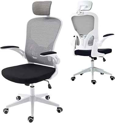 ZIK Silla de Oficina Ergonómica Blanca con Reposabrazos Abatibles y Reposacabezas Oscilante, Sillón Giratorio con Soporte Lumbar, Altura Ajustable - 62x63x129